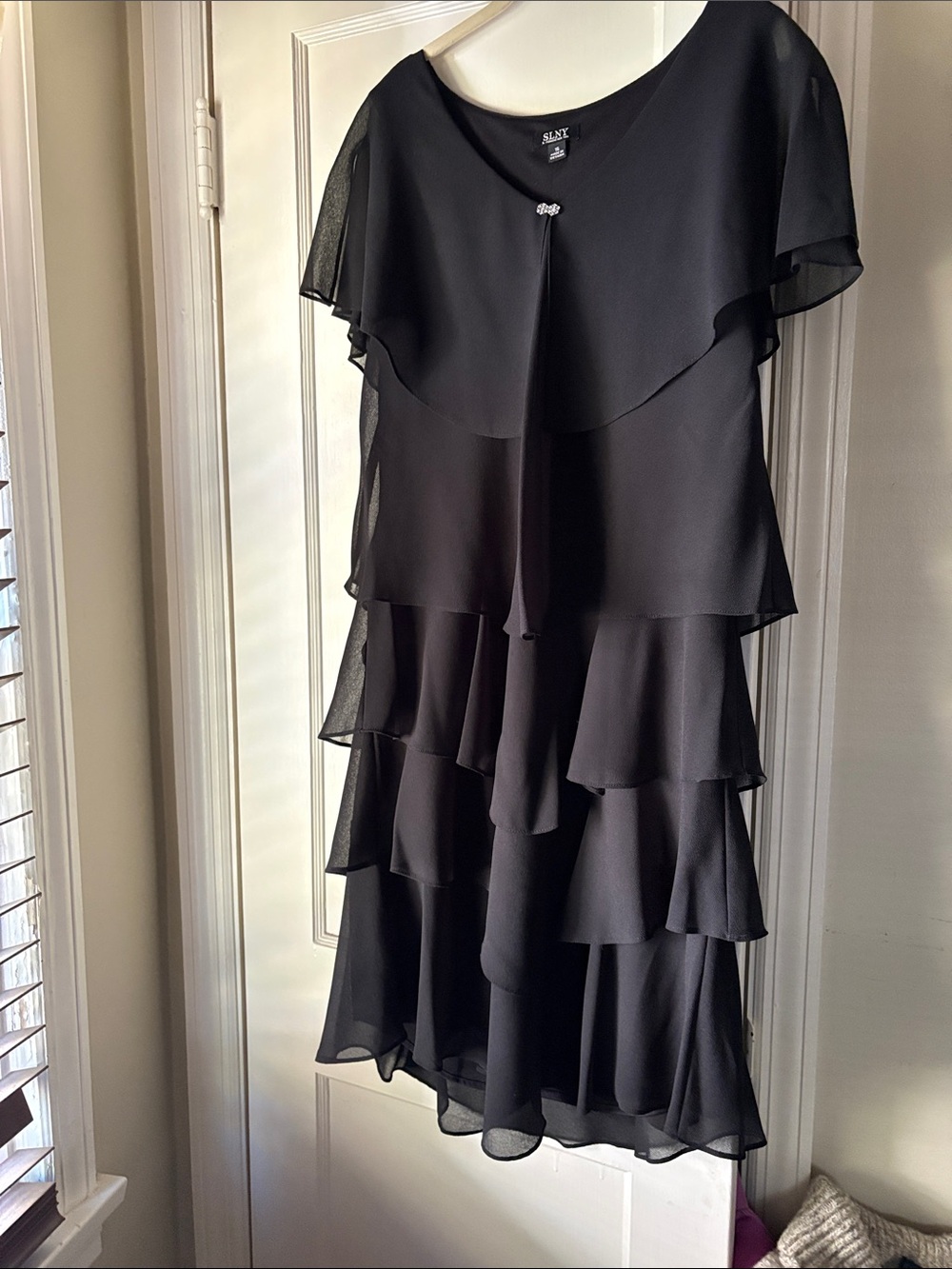 SLNY Black Layered Chiffon Midi Dress with Brooch